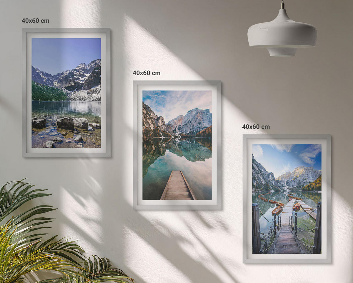 WANDBILDER 3er Set - 40x60 cm Silberner Rahmen - Berge, Seen, Holzstege - Silberfarben, Kunststoff (40/60cm) - ArtPrintCave