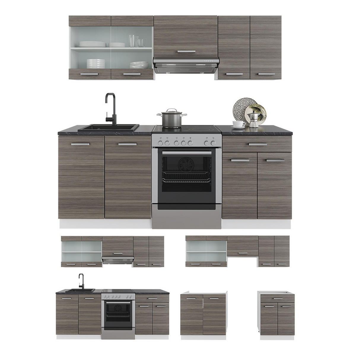 KÜCHENZEILE R-Line Edelgrau/Weiß 200 cm, AP Marmor - Braun/Weiß, Holzwerkstoff (200/81.6/60cm) - Vicco