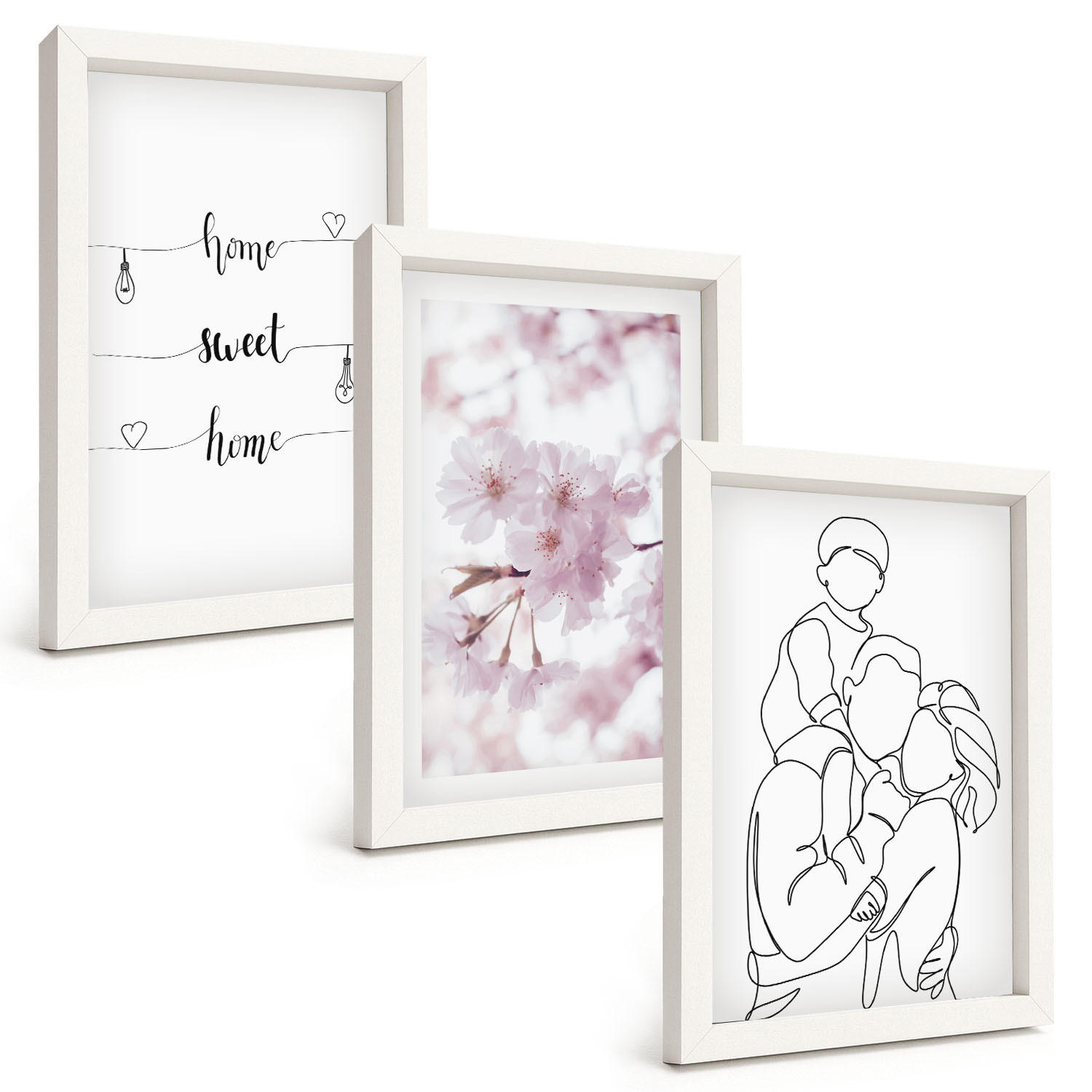 BILDER SET 3er Set - 20x30 cm Weißer Rahmen - Blumenfamilie minimalistisch - Weiß, Kunststoff (20/30cm) - TULUP