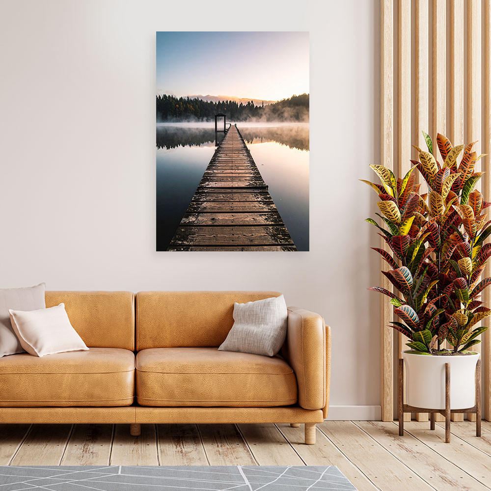 LEINWANDBILD Aussicht Steg See Wald im Nebel 60x90cm - Grau, Textil (60/90cm) - Feeby