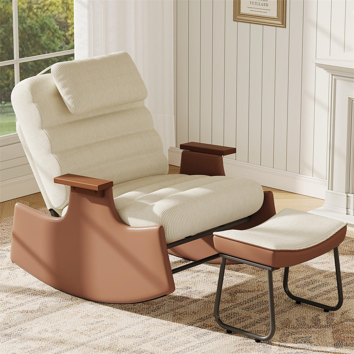 SCHAUKELSTUHL mit Hocker und Kopfkissen - mit 3-stufig verstellbare Rückenlehne und Cord-Bezug - Beige-Braun - Beige, Textil (61.5/81/51.5cm) - DELFA