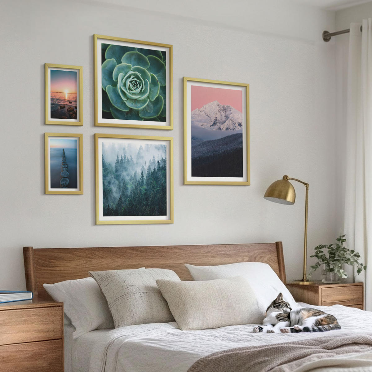 BILDER SET 5er Set - 50x50 cm & 20x30 cm & 40x60 cm Goldrahmen - Wasserfälle, Berge, Landschaften, Natur - Goldfarben, Kunststoff (40/60cm) - TULUP