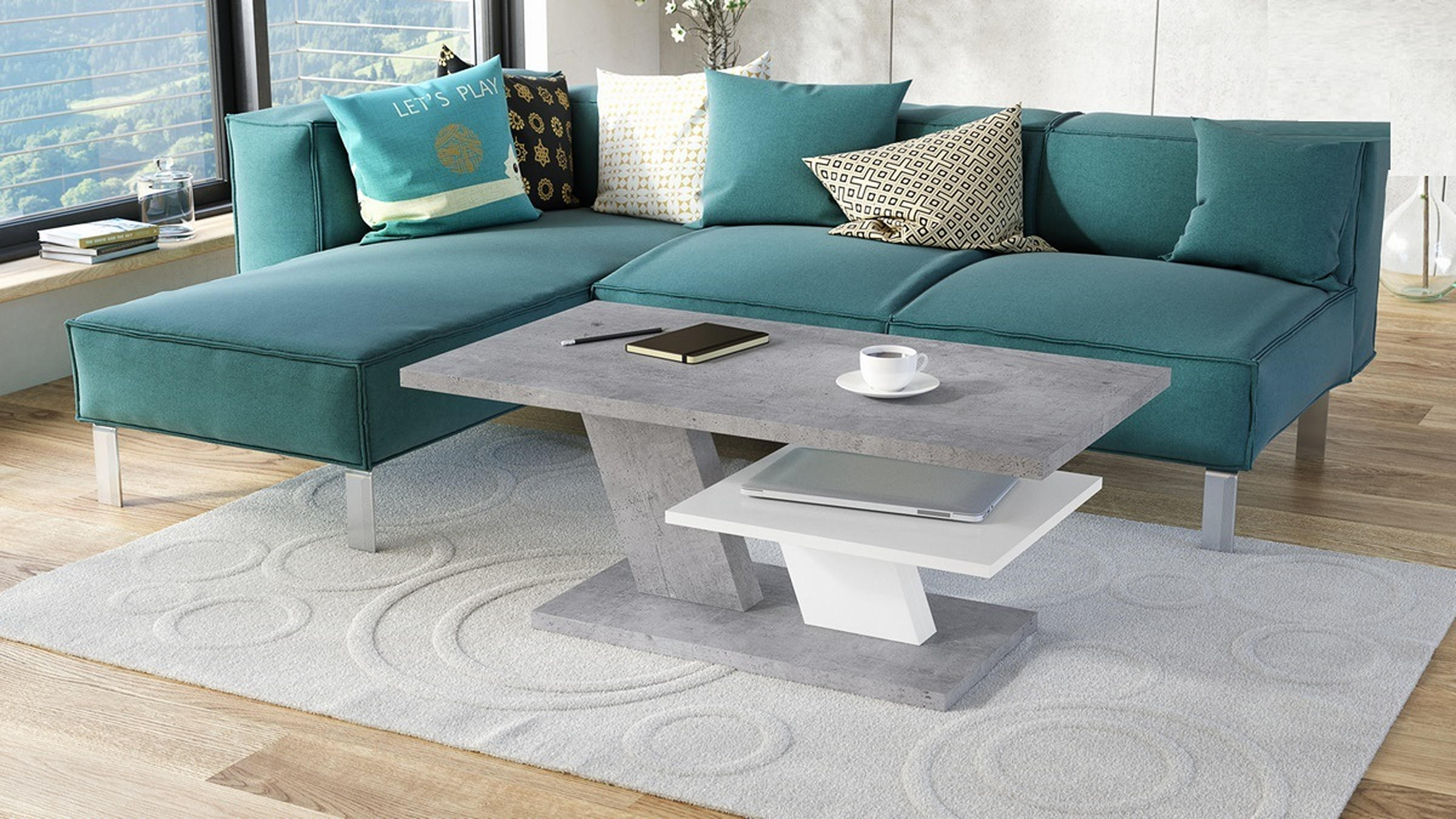 COUCHTISCH rechteckig Beton Weiß mit Ablage - Hellgrau/Weiß, Holzwerkstoff (60/110/45cm) - designimpex