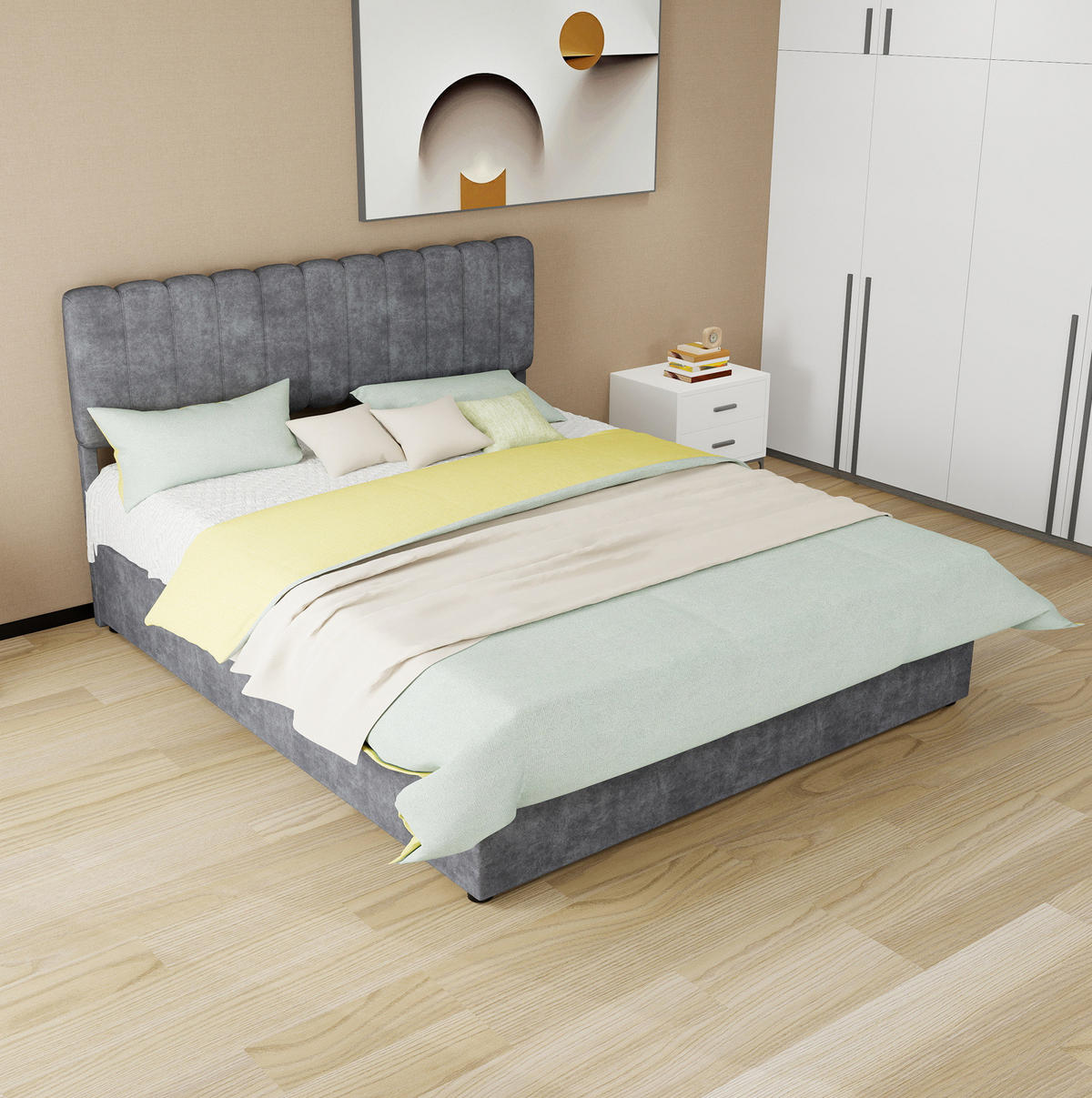 POLSTERBETT 160/200 cm mit hohem Kopfteil und Matratze, Grau - Grau, Textil (160/200cm) - Redom
