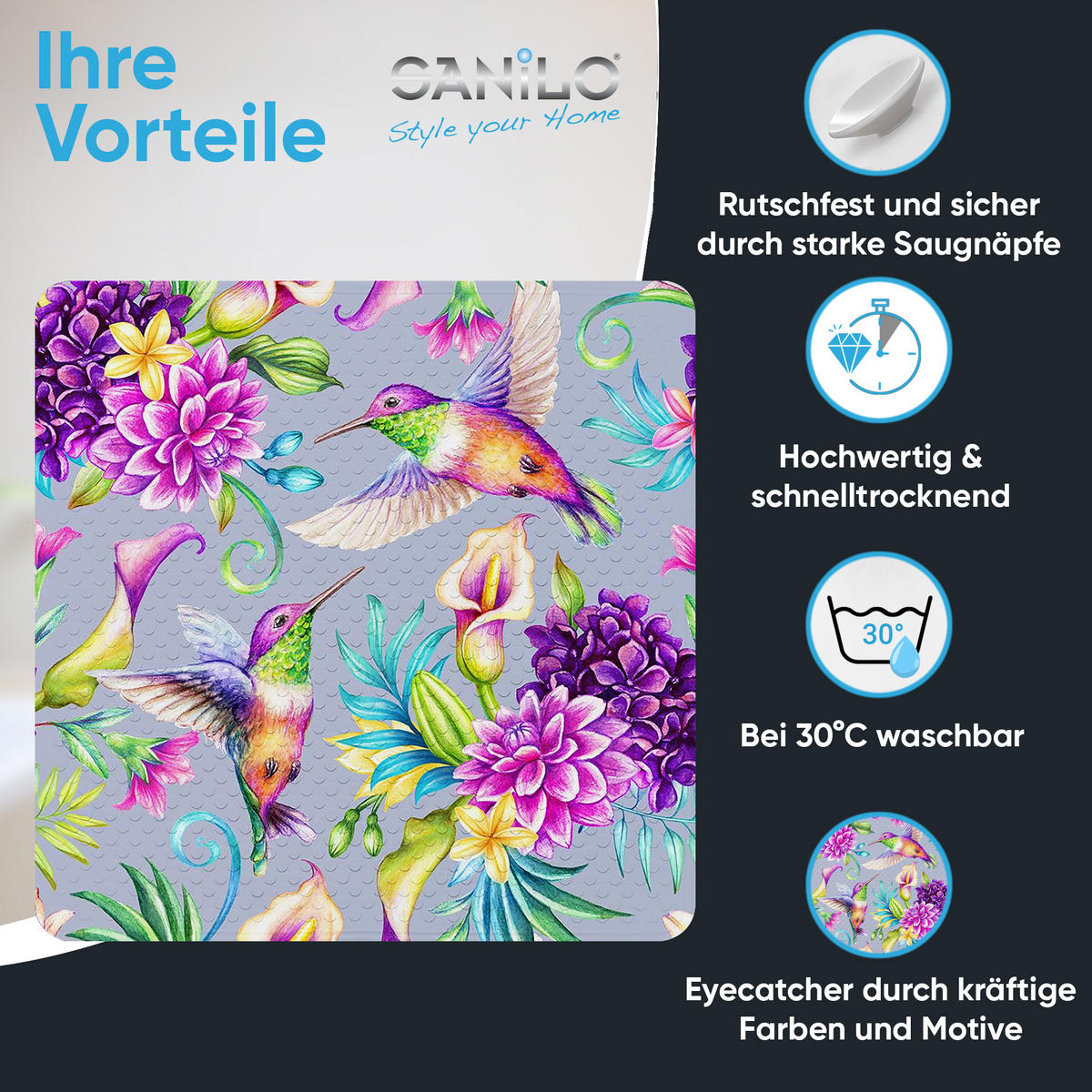 BADEMATTE Kolibri - Multicolor, Kunststoff (53/53cm) - Sanilo