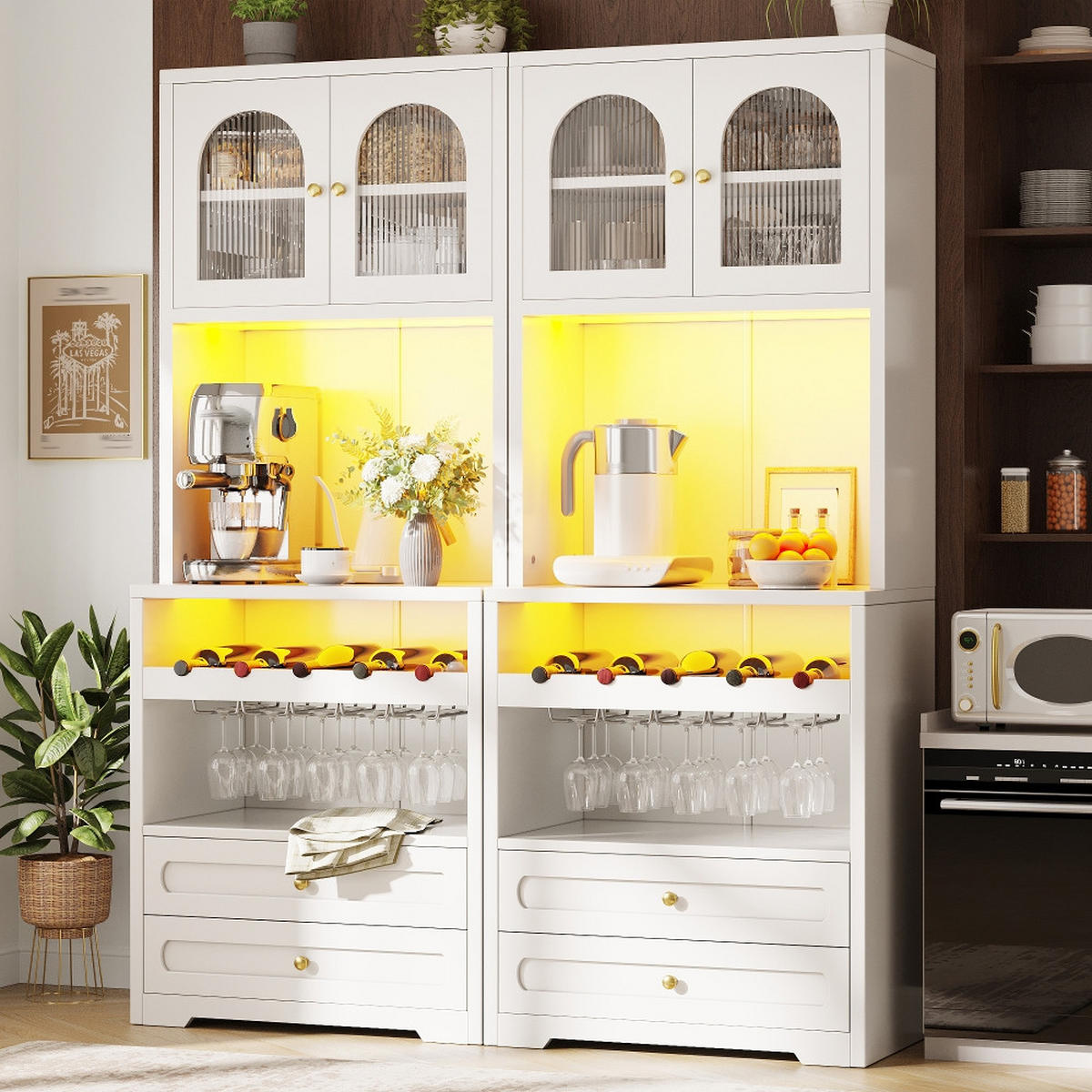 KÜCHENSCHRANK, Vitrinenschrank mit Glastüren, LED-Beleuchtung & Weinregal, MDF/Metall, 140/180/40 cm - Weiß, Kunststoff (40/180/140cm) - Rolipo