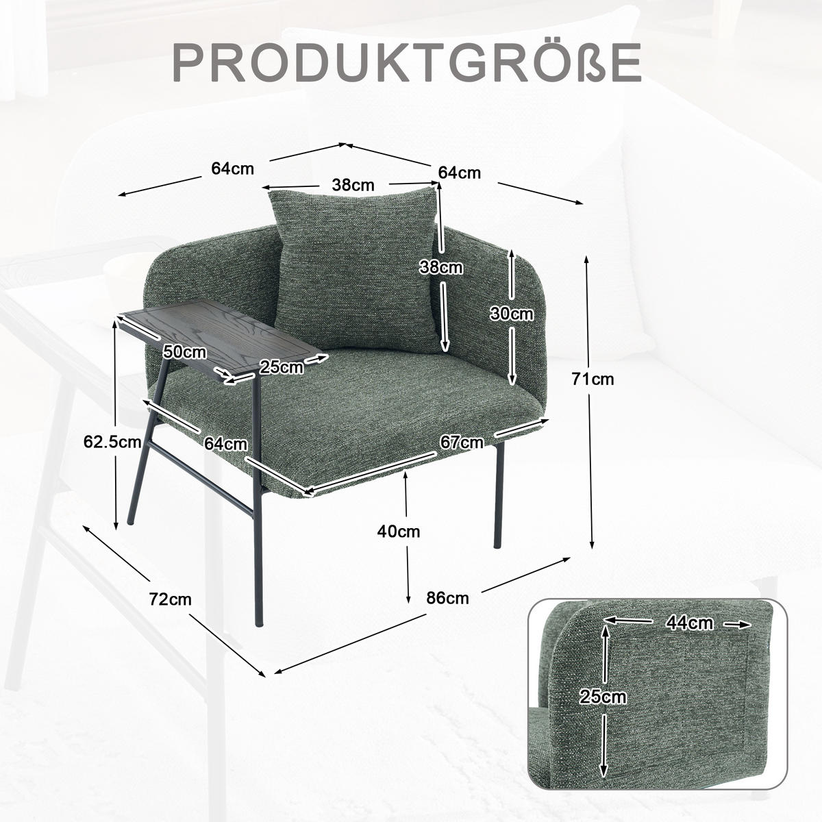 SESSEL Chenille Smaragdgrün mit Beistelltisch und Seitentaschen - Grün, Textil/Metall (86/71/72cm) - WISHDOR