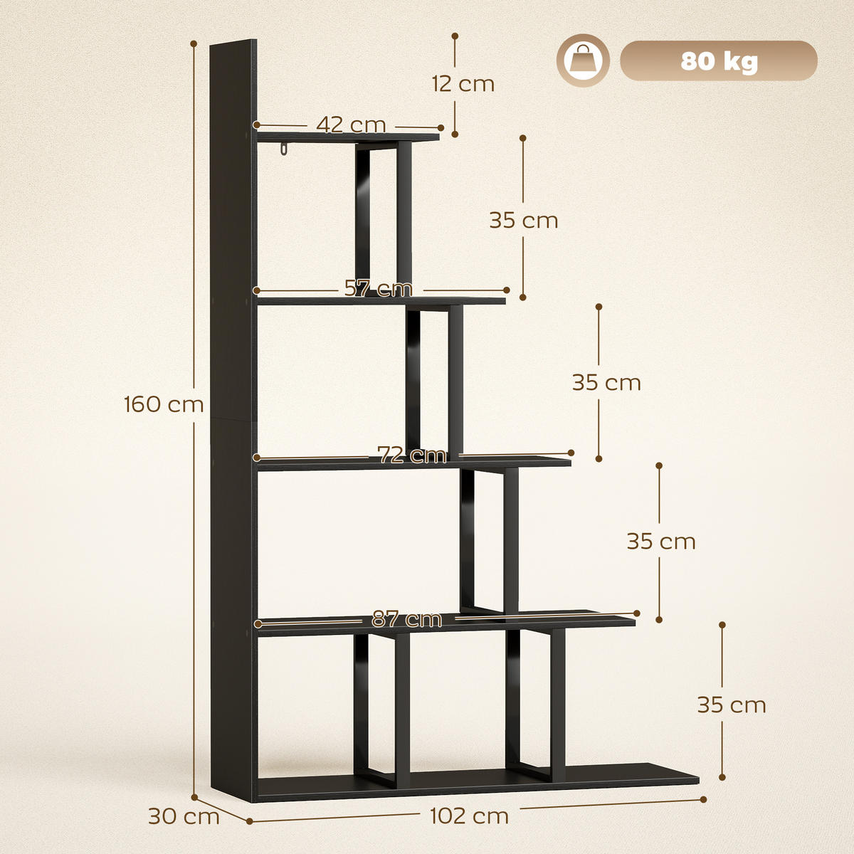 RAUMTEILER-STUFENREGAL,INDUSTRIESTIL 5 Ablagen 102x30x160cm,schwarz - Schwarz, Holzwerkstoff (102/160/30cm) - Vallsero