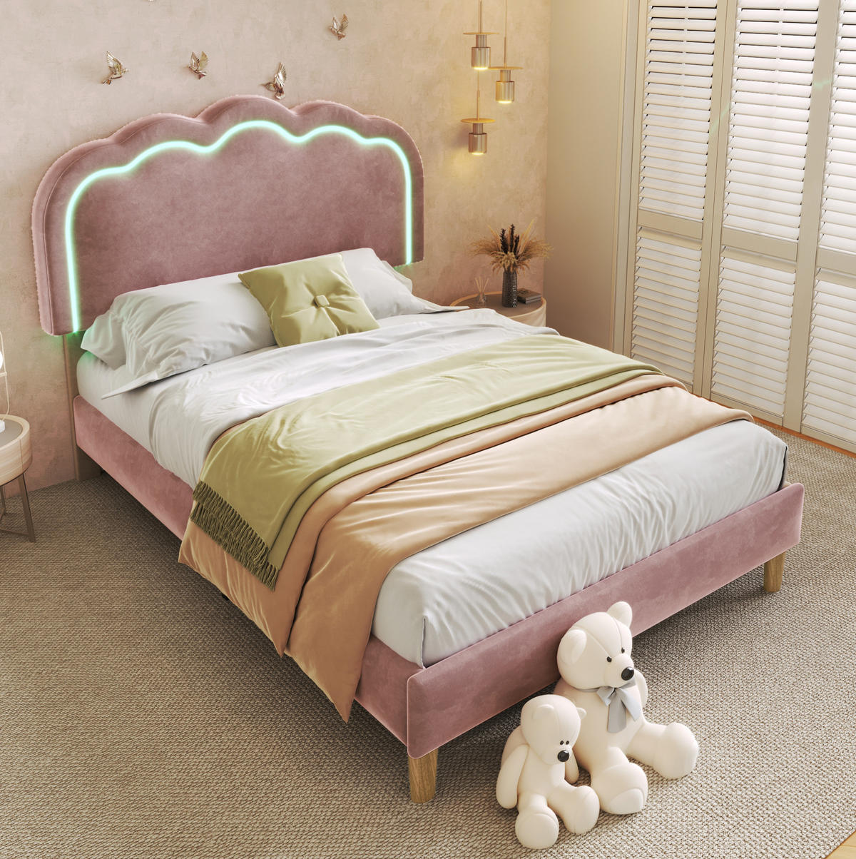 SAMT-POLSTERBETT 90/200 cm mit LED-Beleuchtung und verstellbarem Kopfteil - Pink, Textil (90/200cm) - BEAOK