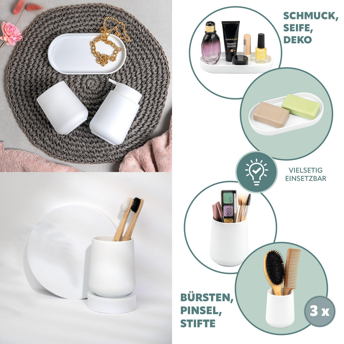 BAD-ACCESSOIRES-SET TESERO 5tlg., Soft-Touch, weiß - Weiß, Kunststoff (8.5/12/9cm) - eluno