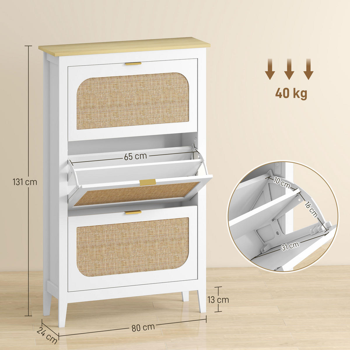 SCHUHSCHRANK DE-15045 Boho-Design mit 3 Klapptüren & Rattan-Optik Weiß - Weiß, Holzwerkstoff (80/131/24cm) - ComfortXL