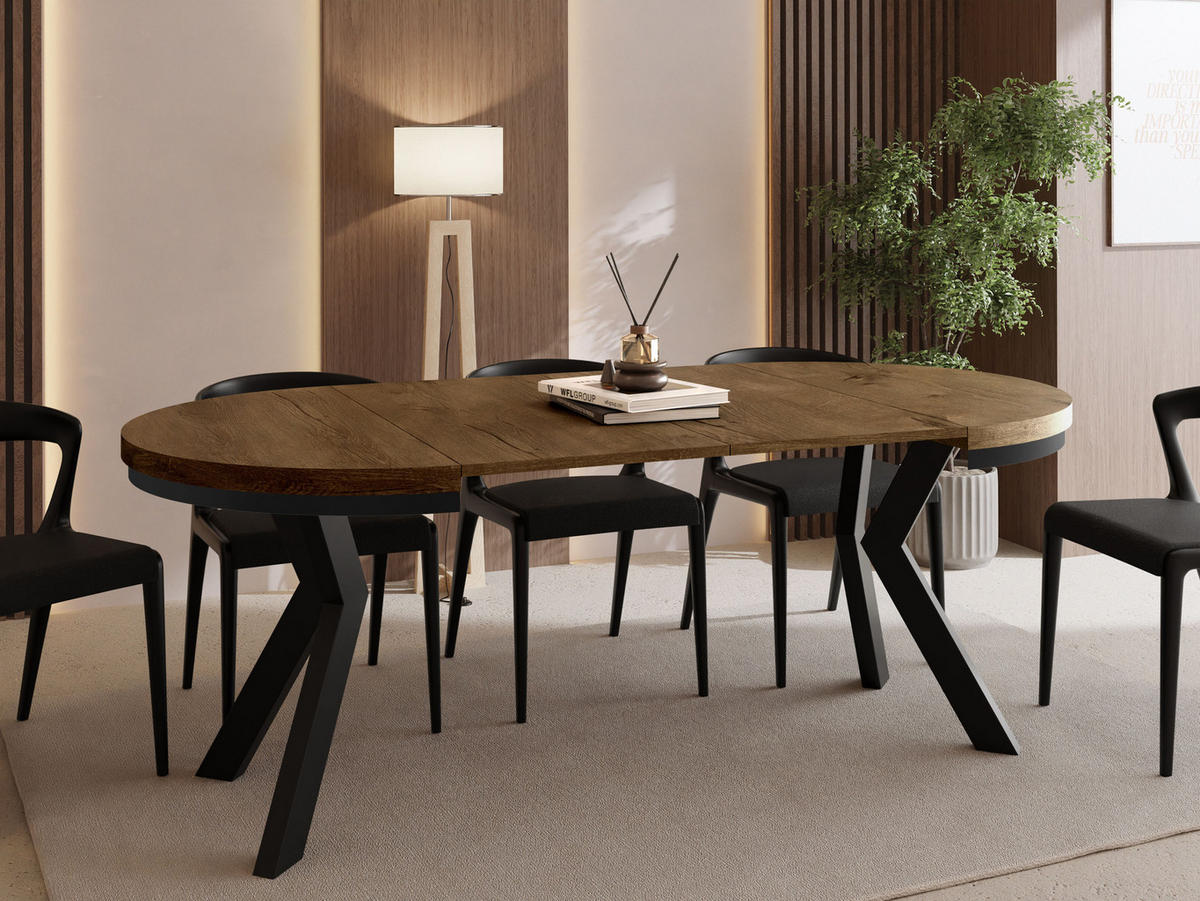 ESSTISCH Savio Neo rund ausziehbar verlängerbar, Eiche Braun Rustikal 90-190/90/77 cm - Alteiche/Schwarz, Holz/Holzwerkstoff (90/90/77cm) - WFL GROUP