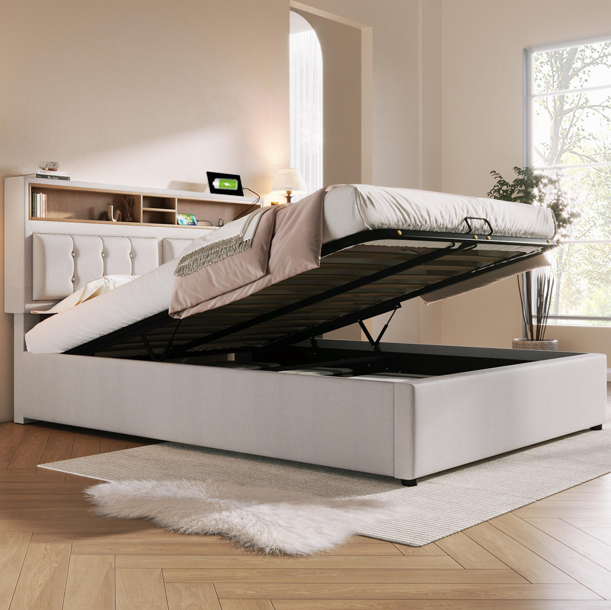 BETT mit Stauraum & USB/Type-C 140x200 cm Leinen Beige - Beige, Metall (140/200cm) - Meubliv
