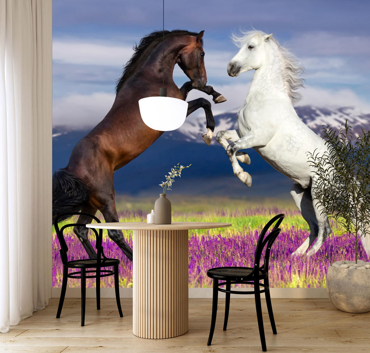 FOTOTAPETA Pre Jedáleň Kone Levanduľové Pole Hory Provensálsko 350 x 256 cm - hnedá/čierna, papier (350/256cm) - Muralo