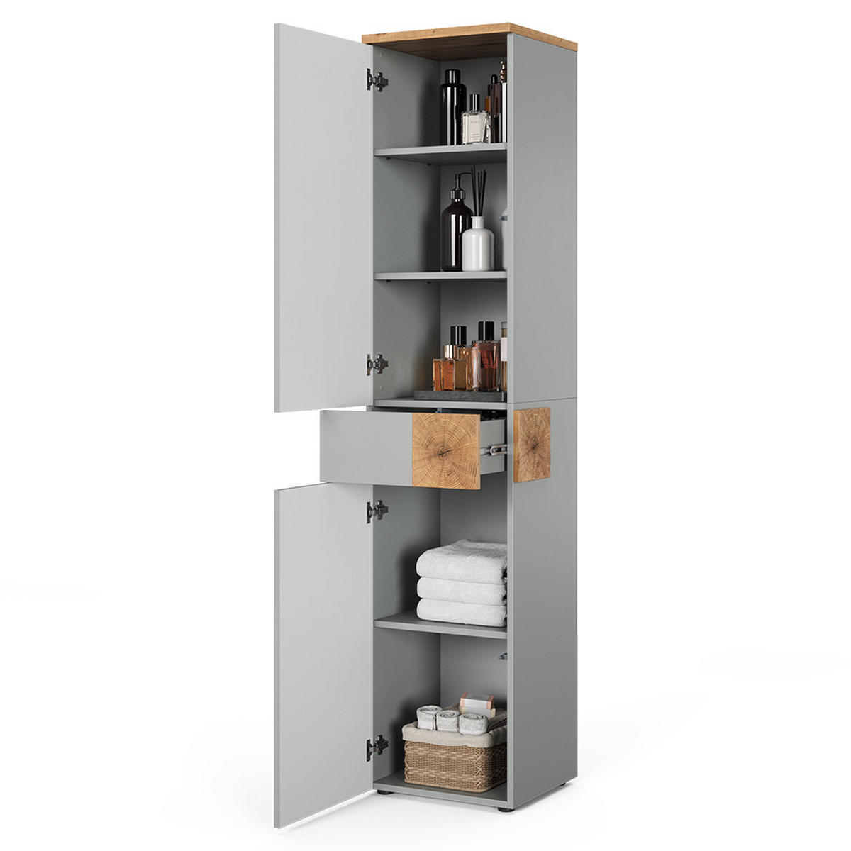 HOCHSCHRANK Eden Grau/Artisan 40 x 184.2 cm mit 2 Türen & 1 Schublade - Hellgrau/Grau, Holzwerkstoff (40/184.2/37cm) - Vicco