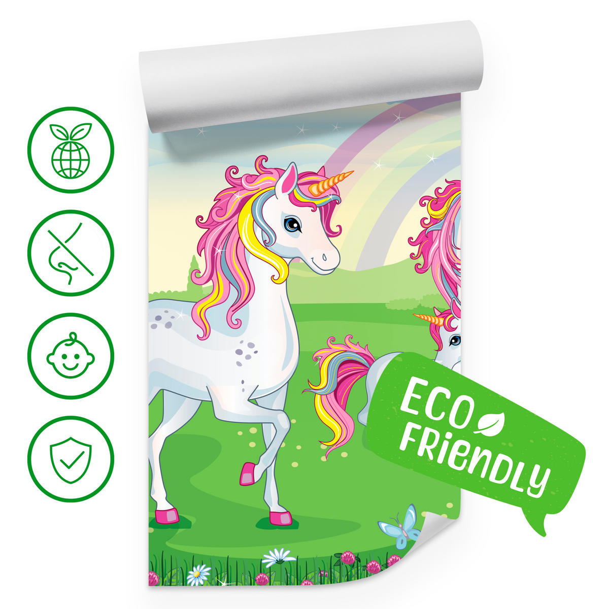 FOTOTAPETE für Kinderzimmer Einhorn Schloss Blumen Märchen 100x70 - Gelb/Violett, Papier (100/70cm) - Muralo