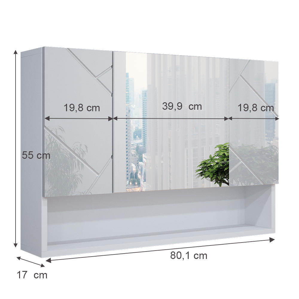 Thumbnail - Vicco Badspiegelschrank, Weiß Hochglanz, Holzwerkstoff, 7 Fächer, Rechteckig, 80.1x55x17 cm, Badezimmer, Badezimmerspieg...