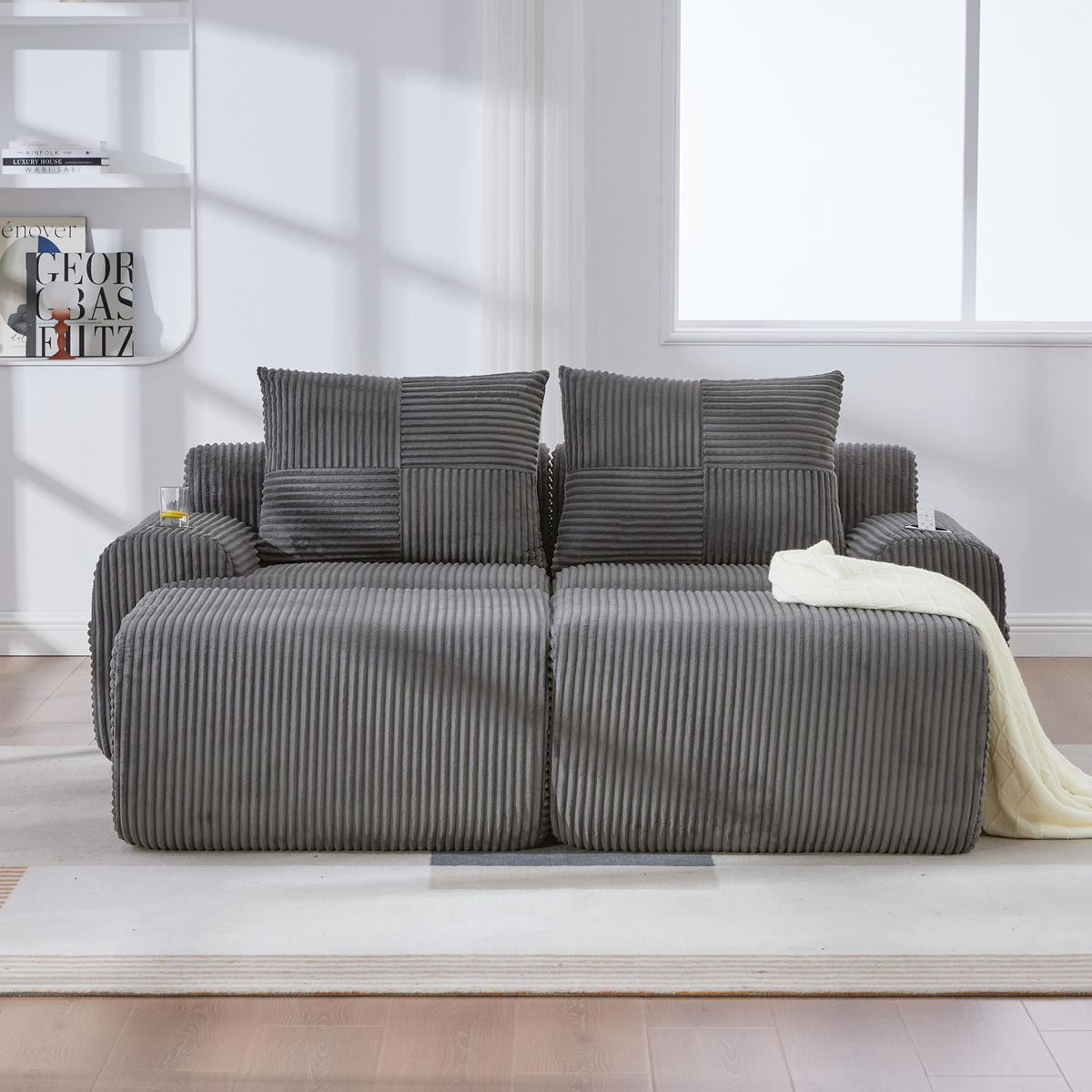 MODULARES 2-Sitzer Sofa Cordstoff mit Getränkehalter und Seitentasche 200/174/80 cm Dunkelgrau - Dunkelgrau, Textil (174/80/200cm) - Redom