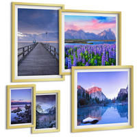 BILDER SET 5er Set - 50x50 cm & 20x30 cm & 40x60 cm Goldrahmen - Berglandschaften, Wasser, Blumenfeld - Goldfarben, Kunststoff (40/60cm) - TULUP