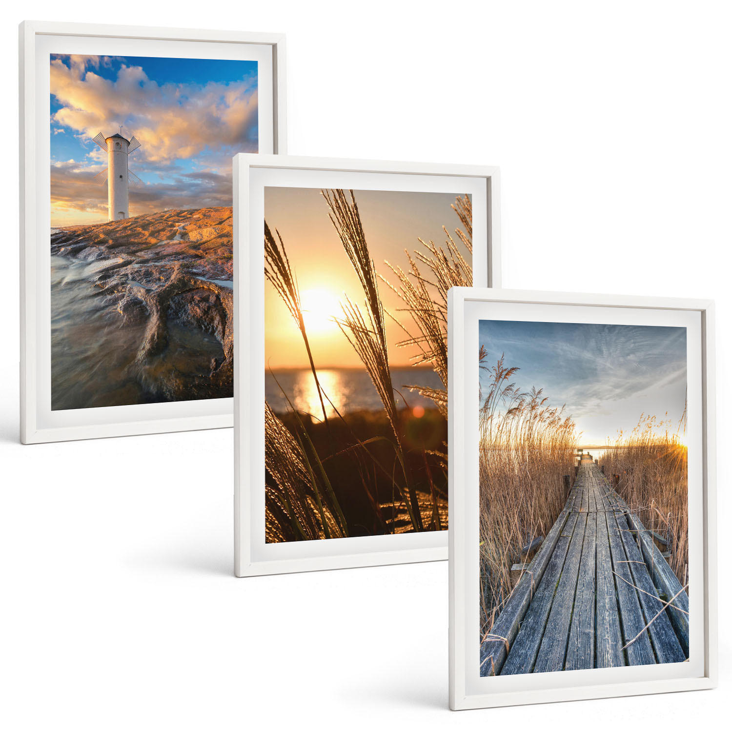 BILDER SET 3er Set - 40x60 cm Weißer Rahmen - Leuchtturm-Grassteg - Weiß, Kunststoff (40/60cm) - TULUP