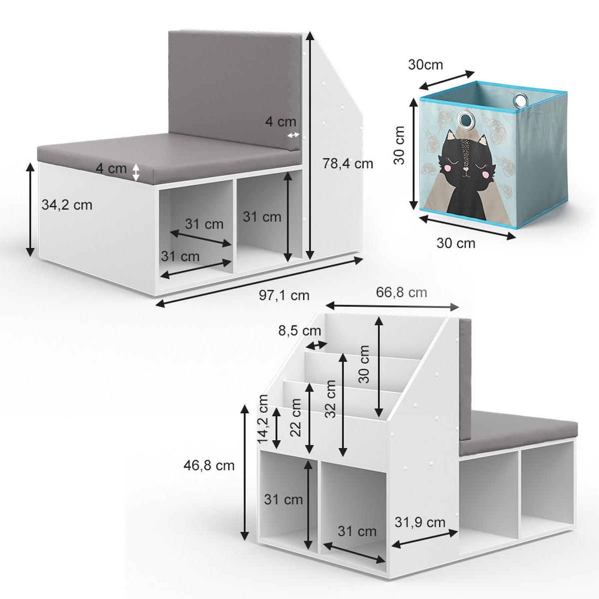 KINDERREGAL Onix Grau 97.1 x 78.4 cm mit 6 Faltboxen opt.2 - Grau, Holzwerkstoff (97.1/78.4/66.8cm) - Vicco