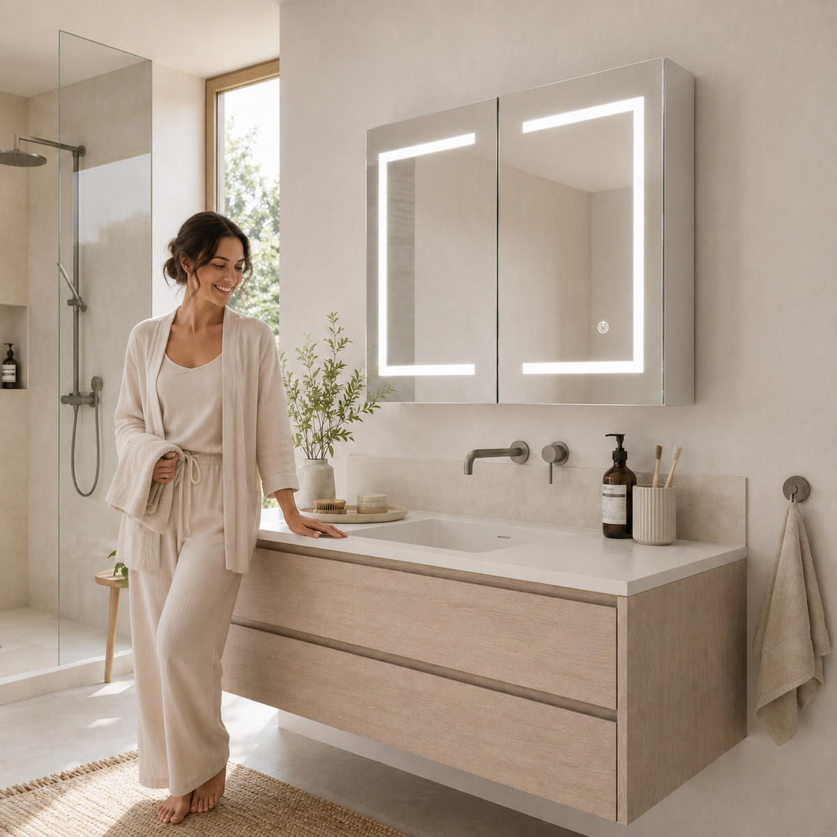 SPIEGELSCHRANK LED 80/60/13.5 cm mit Aufbewahrung, dimmbar, Touch-Schalter, moderner Badezimmer Spiegel mit Stauraum - Weiß, Glas (80/60/13.5cm) - Joyfair