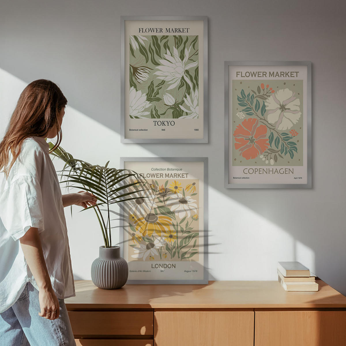 WANDBILDER 3er Set - 40x60 cm Silberner Rahmen - Blumenmotive aus Städten auf der ganzen Welt - Silberfarben, Kunststoff (40/60cm) - ArtPrintCave
