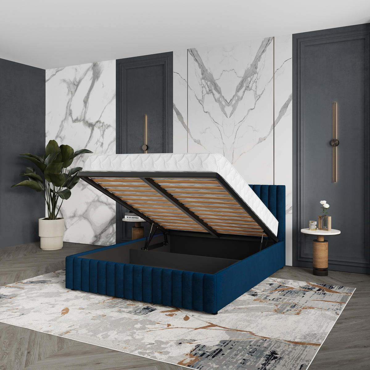 POLSTERBETT CARMIA 180x200 cm mit Bettkästen - Blau - Blau, Holz (192/200cm) - MASSENO