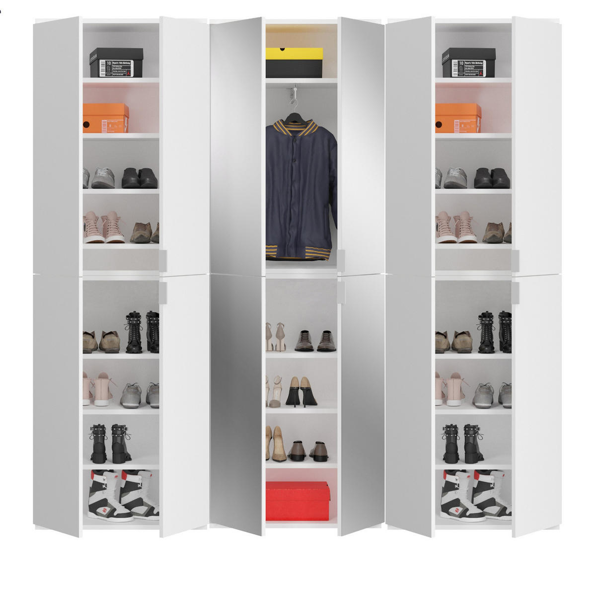 GARDEROBENSCHRANK weiß Hochglanz 213 cm mit Spiegel, Flurgarderobe - Chromfarben/Weiß Hochglanz, Glas/Holzwerkstoff (213/193/34cm) - Inn.Furn