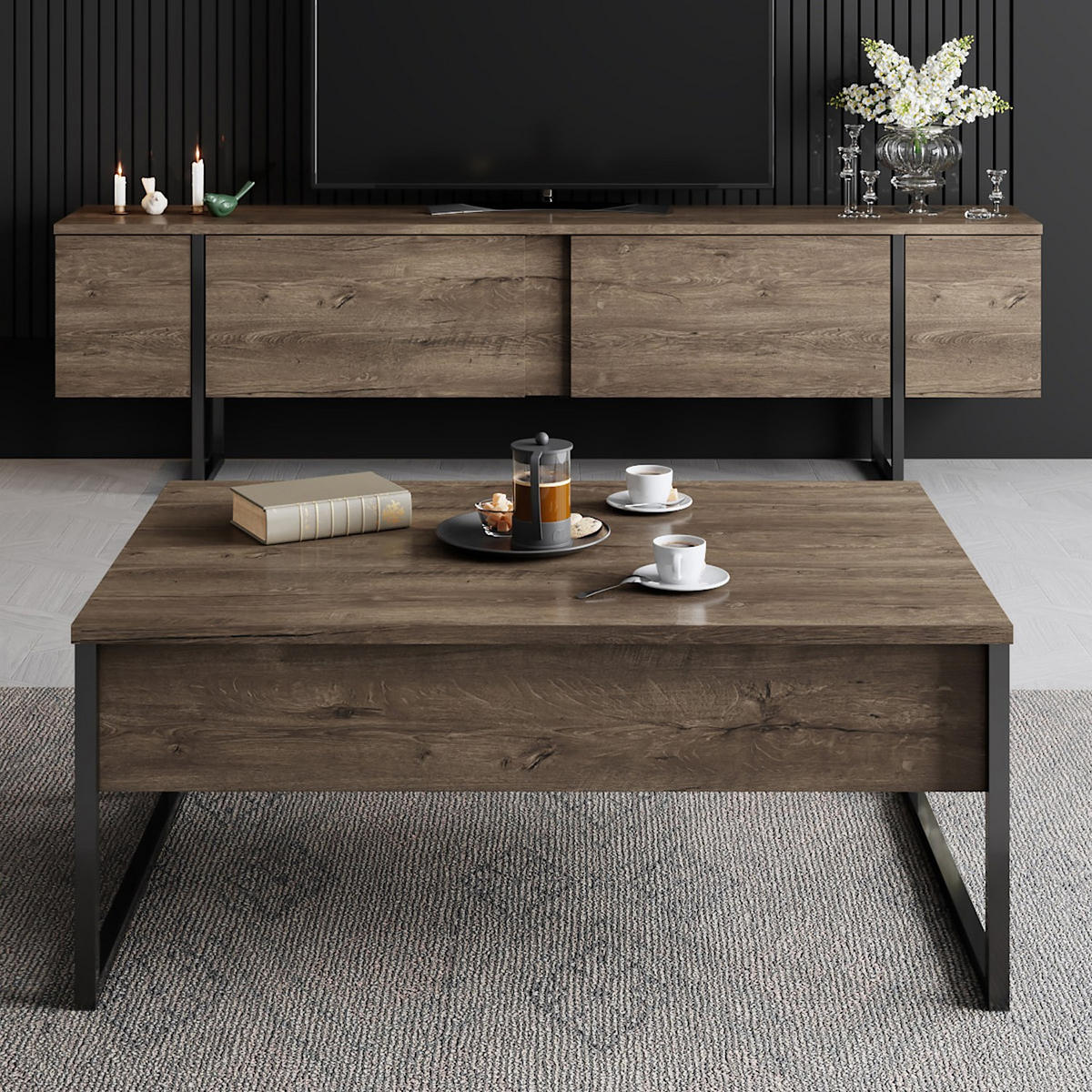 TV-MÖBEL Luxe Nussbaum-Schwarz - Schwarz/Braun, Holz (180/50/30cm) - Habitat Garten