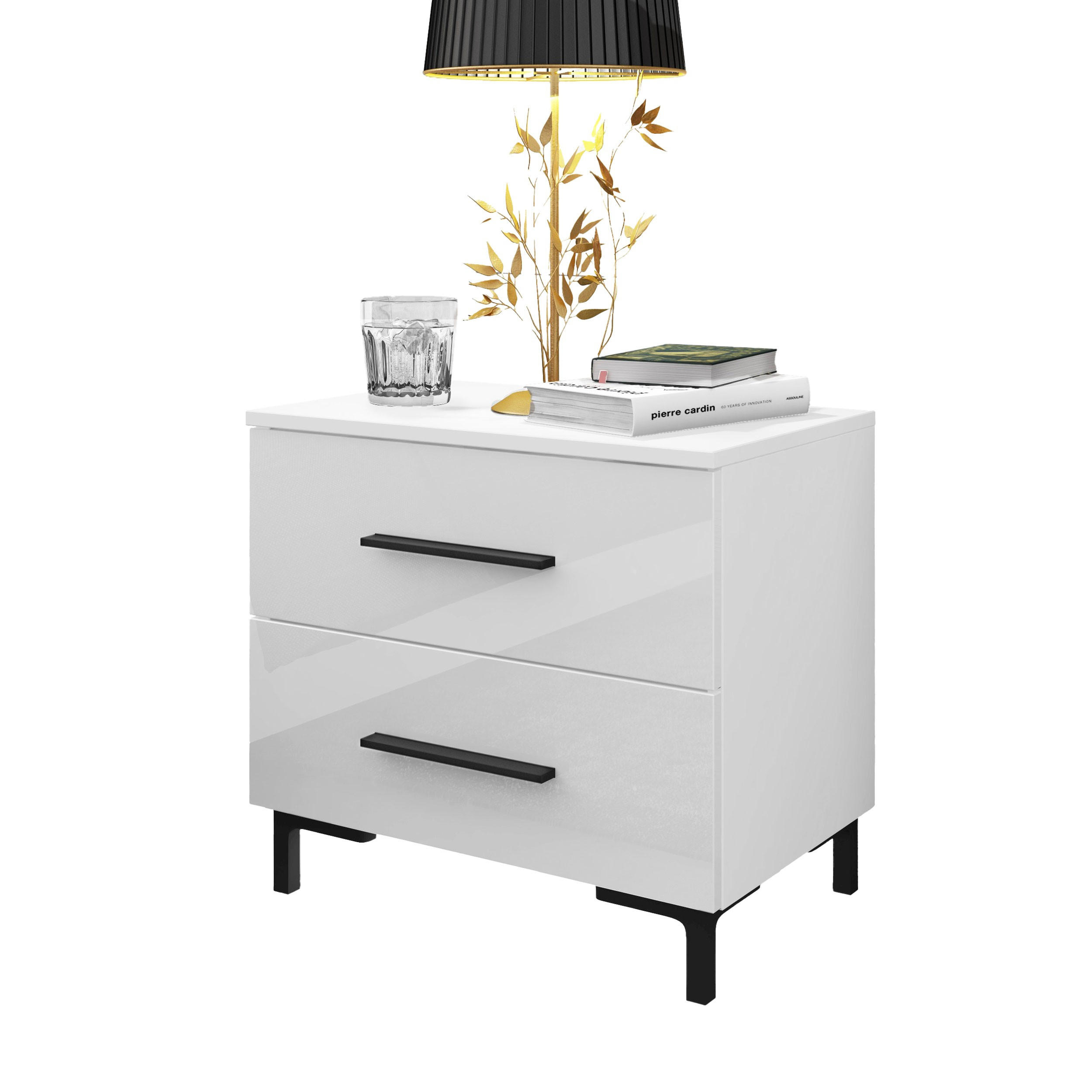 NACHTTISCH LINA mit Beinen, Hochglanz, LED - Weiß, Holzwerkstoff (55/52/37cm) - Lookway