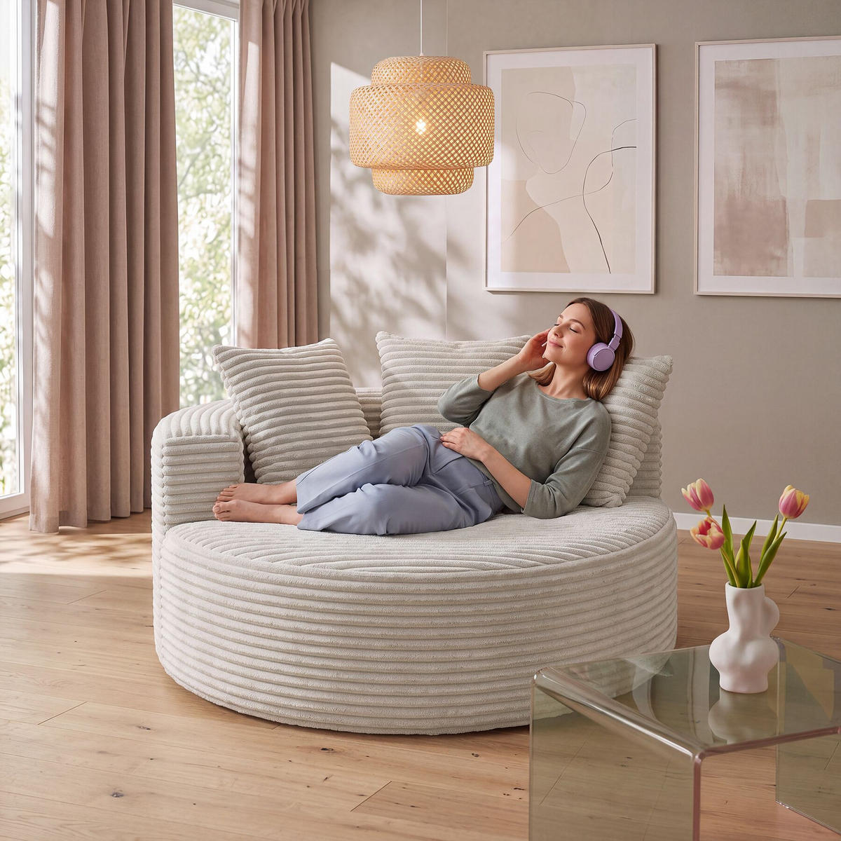 RELAXSESSEL Love, Ø 127 x 60 cm, mit 3 Kissen, Samtcord beige - Beige, Kunststoff/Textil (127/60/127cm) - tectake