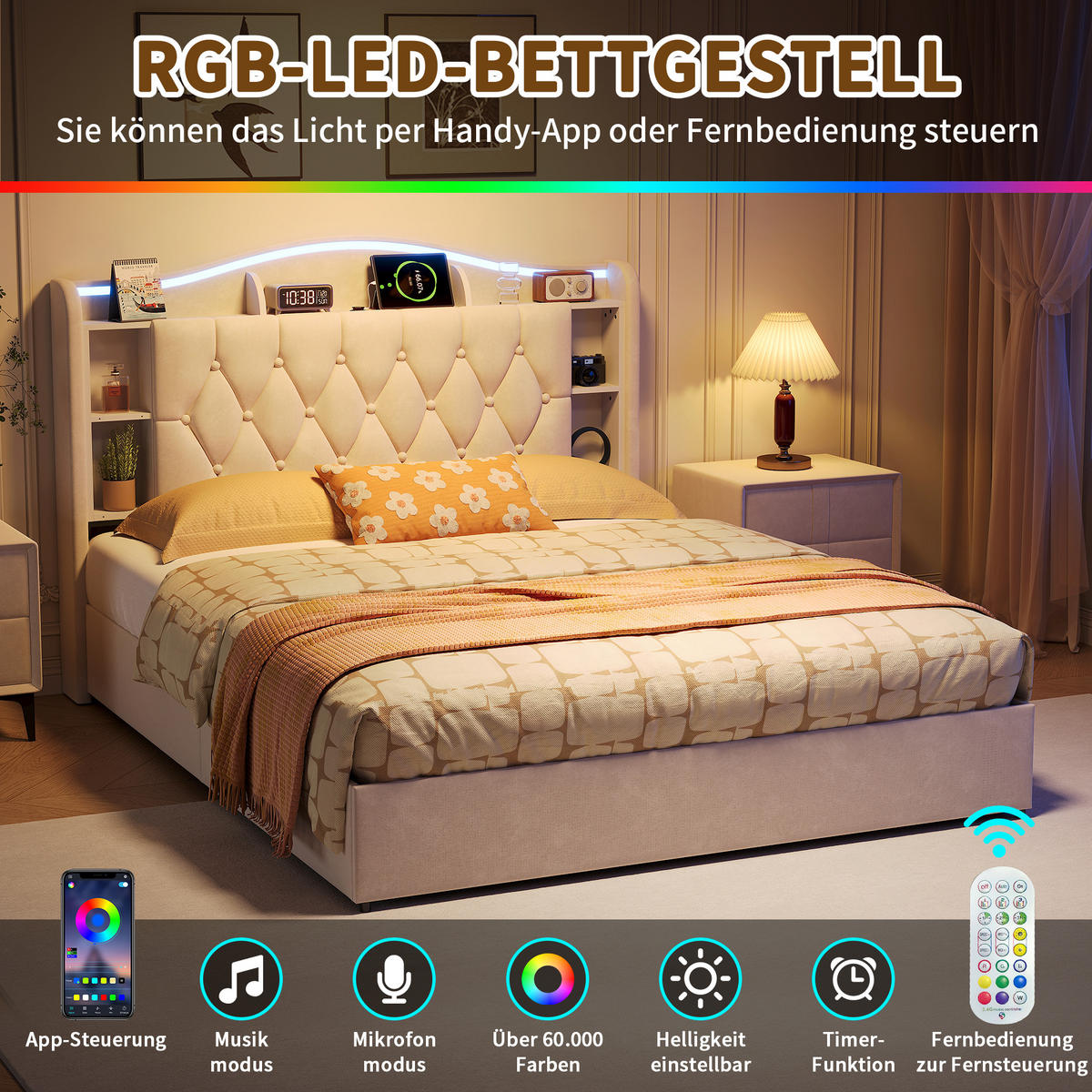 POLSTERBETT 140x200 cm mit Bettkasten, LED & USB, Doppelbett mit Kopfteil Stauraum und kabellosem Laden, Beige - Beige, Metall (140/200cm) - EuroLiving