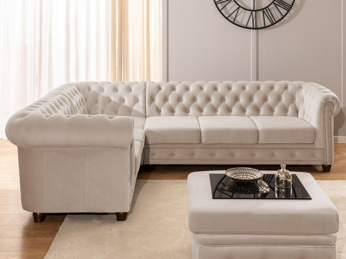 ECKSOFA mit Schlaffunktion Chesterfield Beige Samt mit Kristallsteppung und braunen Massivholzfüßen - Ottomane Links - Beige/Braun, Holz/Textil (264/210cm) - S-Style Möbel