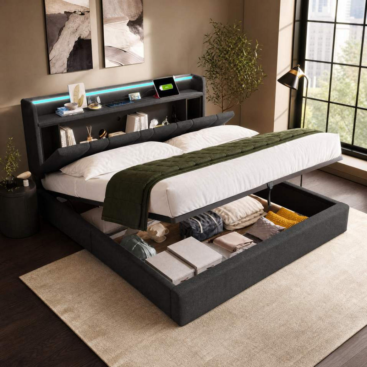 POLSTERBETT 140/200 cm grau mit Stauraum-Kopfteil und LED-Beleuchtung - Grau, Textil (140/200cm) - OKWISH