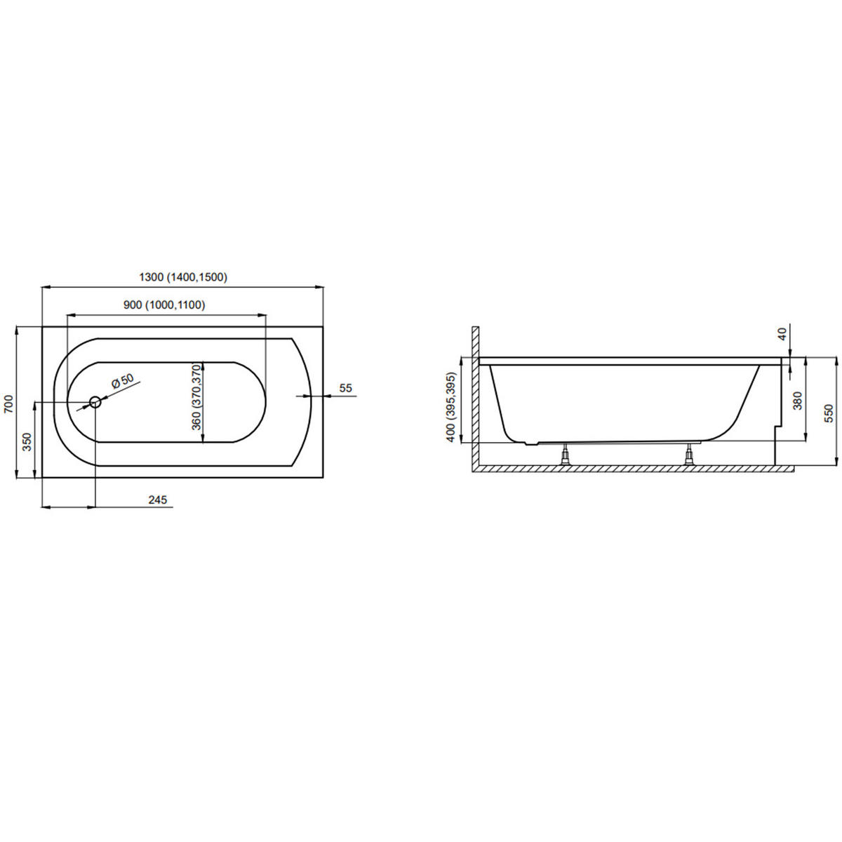 BADEWANNE Rechteck CLASSIC 130/70 mit Schürze Ablauf Füße - Weiß, Kunststoff (70/54.5/130cm) - bad land