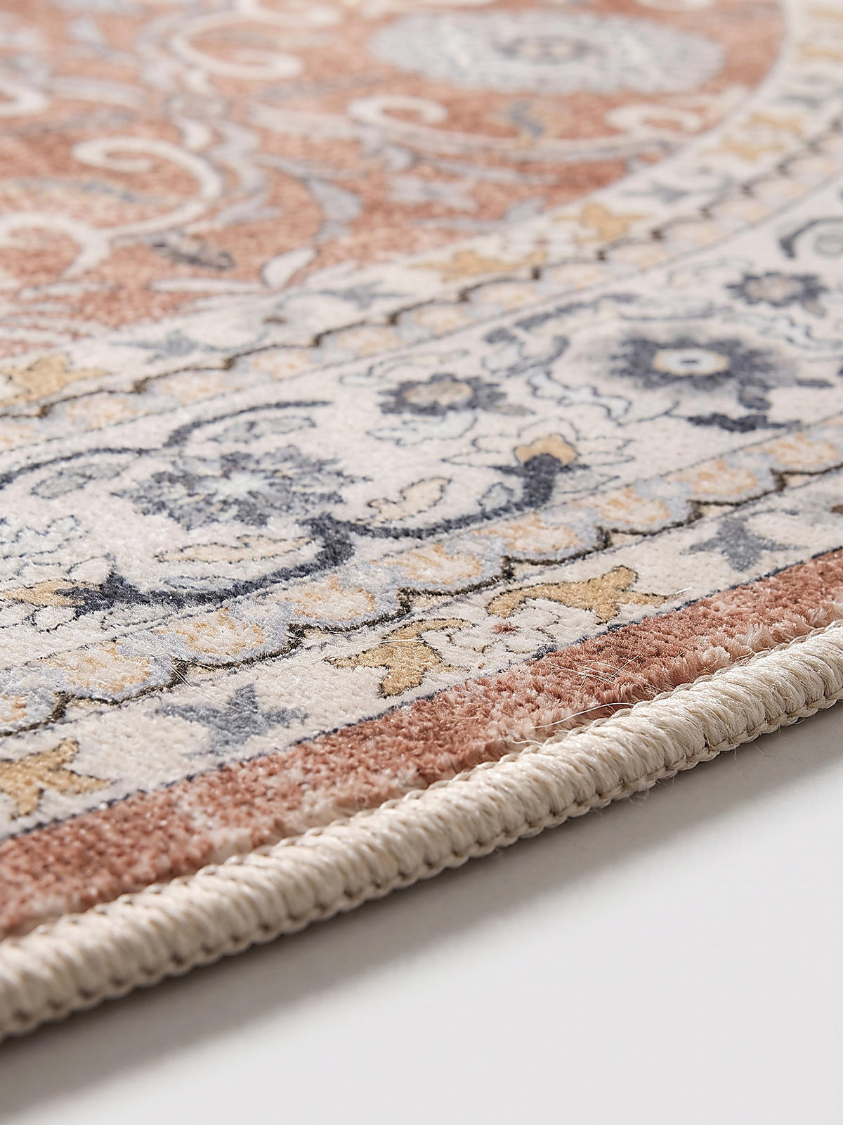 TEPPICH Kurzflor, waschbar, mit floralen Ornamenten, VERNANTE in Terrakotta-Creme, Ø 120 cm - Rot, Textil (120/120cm) - KADIMA DESIGN