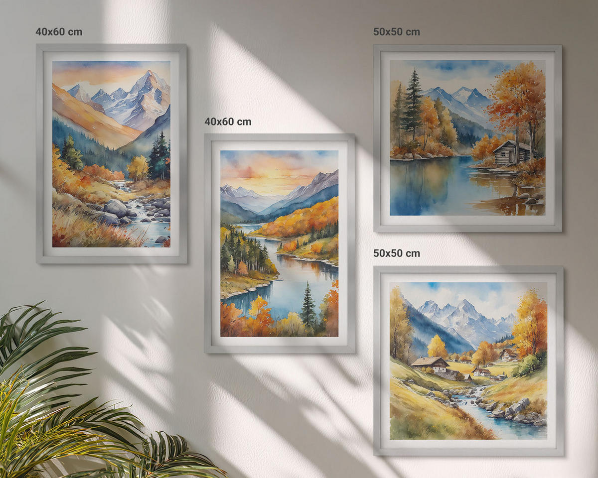 BILDER SET 4er Set - 50x50 cm & 40x60 cm Silberner Rahmen - Berglandschaft mit einem Fluss - Silberfarben, Kunststoff (50/50cm) - TULUP