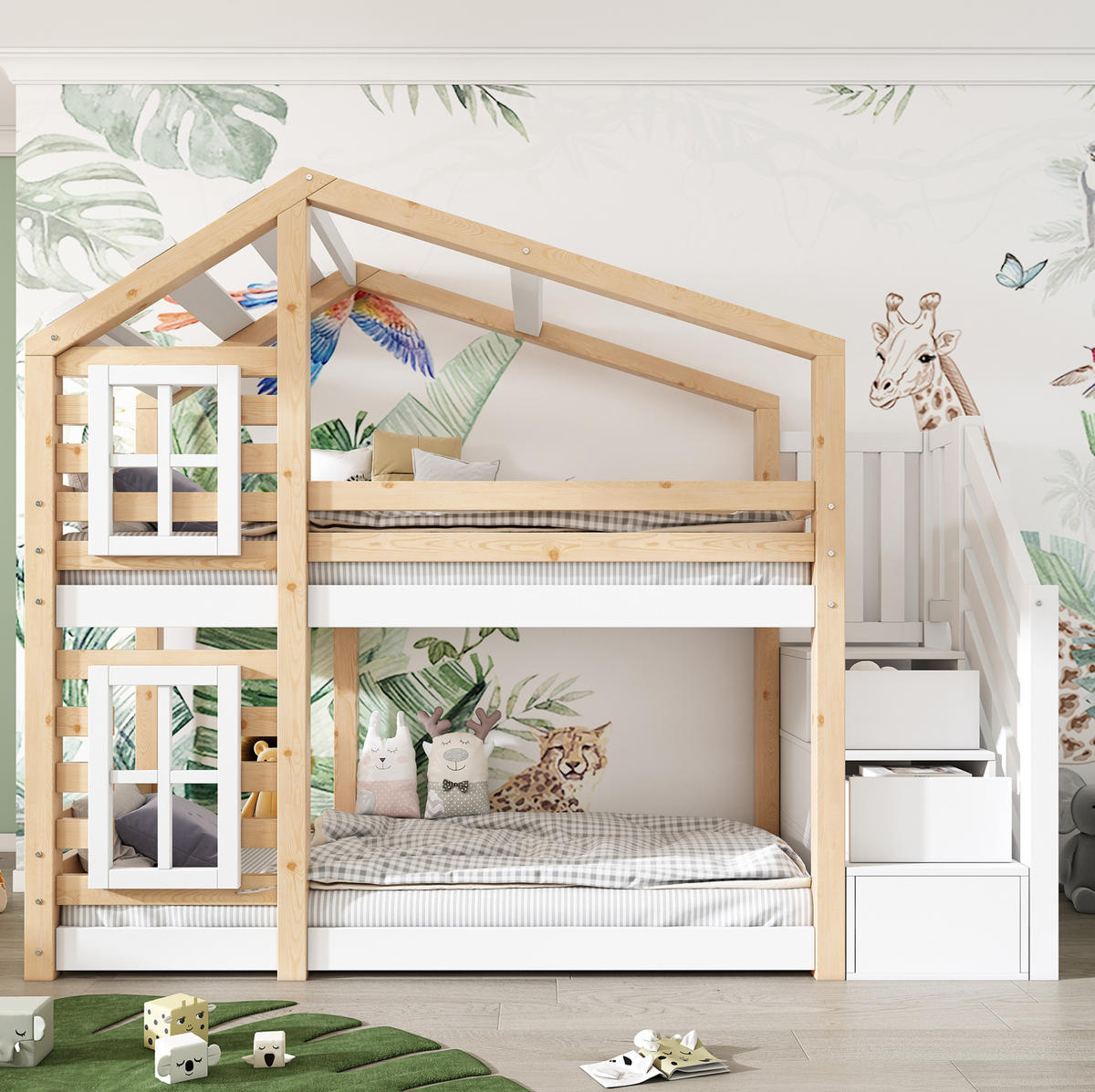 KREVET na kat 90/200 cm prirodna i bijela od masivnog drva i MDF-a sa spremištem - prirodne boje, drvni materijal (90/200cm) - OKWISH