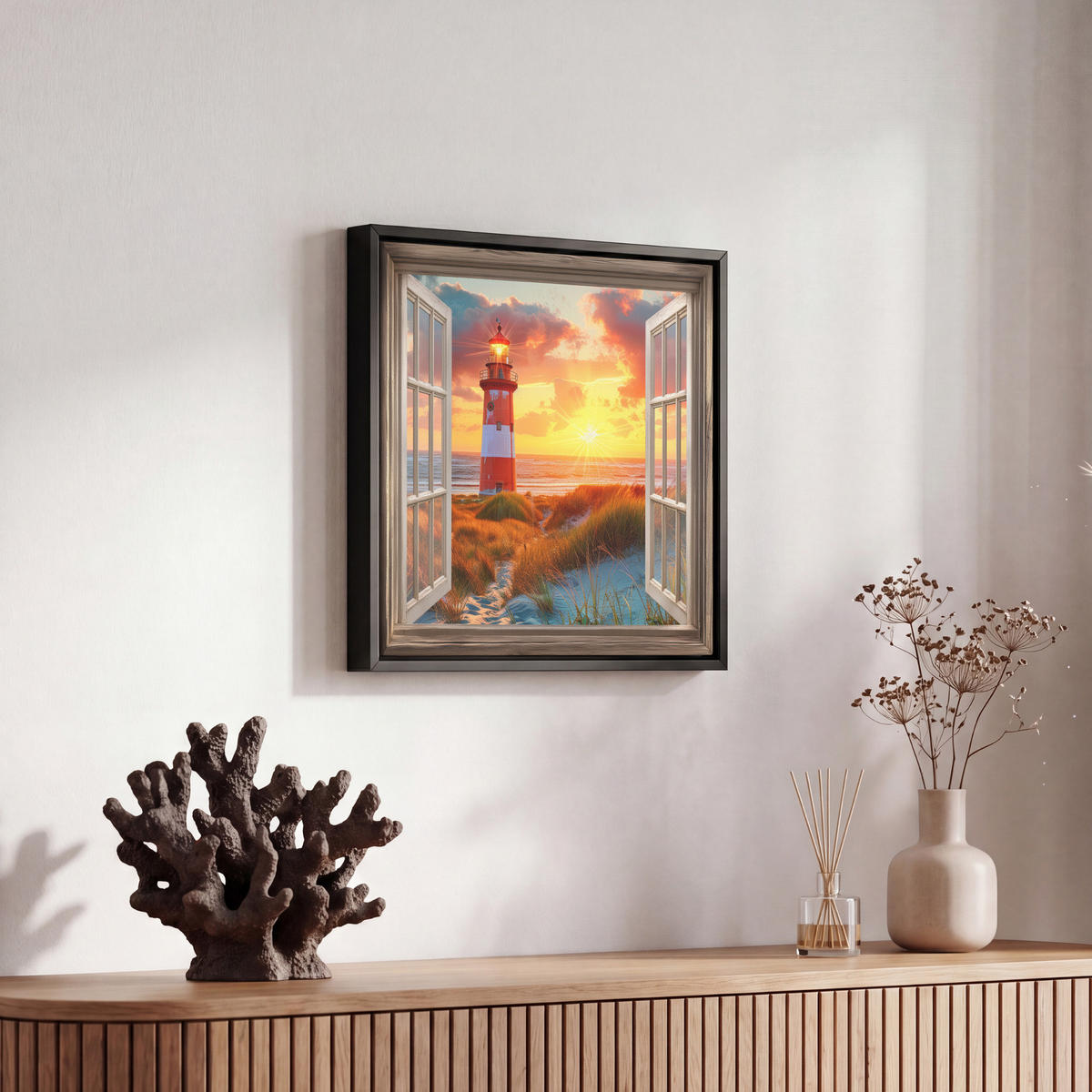 LEINWAND Bilder mit Rahmen - Aussicht - Fenster - Leuchtturm - Sonnenuntergang - Strand - 20x20 - Dunkelorange, Textil (20/20cm) - MuchoWow