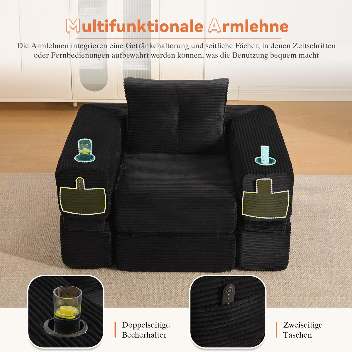 SCHLAFSOFA mit Schlaffunktion, Getränkehalter und Federkern aus Cord - Schwarz, Textil (122/80/98cm) - EVRYAE