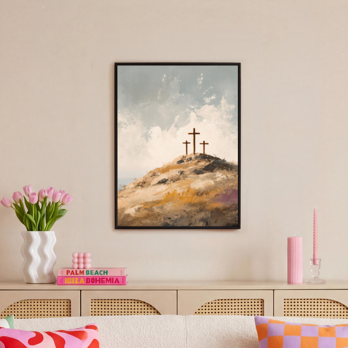 LEINWAND Bilder mit Rahmen - Hügel - Abstrakt - Christentum - Kreuz - 60x80 - Hellgrau, Textil (60/80cm) - MuchoWow