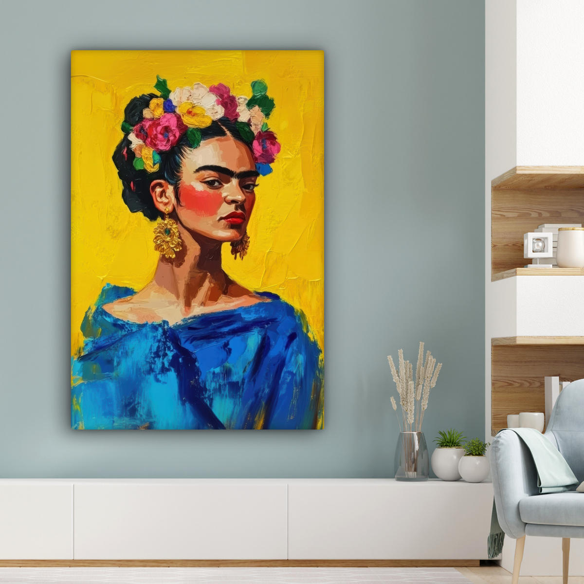 LEINWANDBILD Frida Kahlo - Frau - Gelb - Blau - Blumen 80x120 cm - Gelb, Textil (80/120cm) - MuchoWow