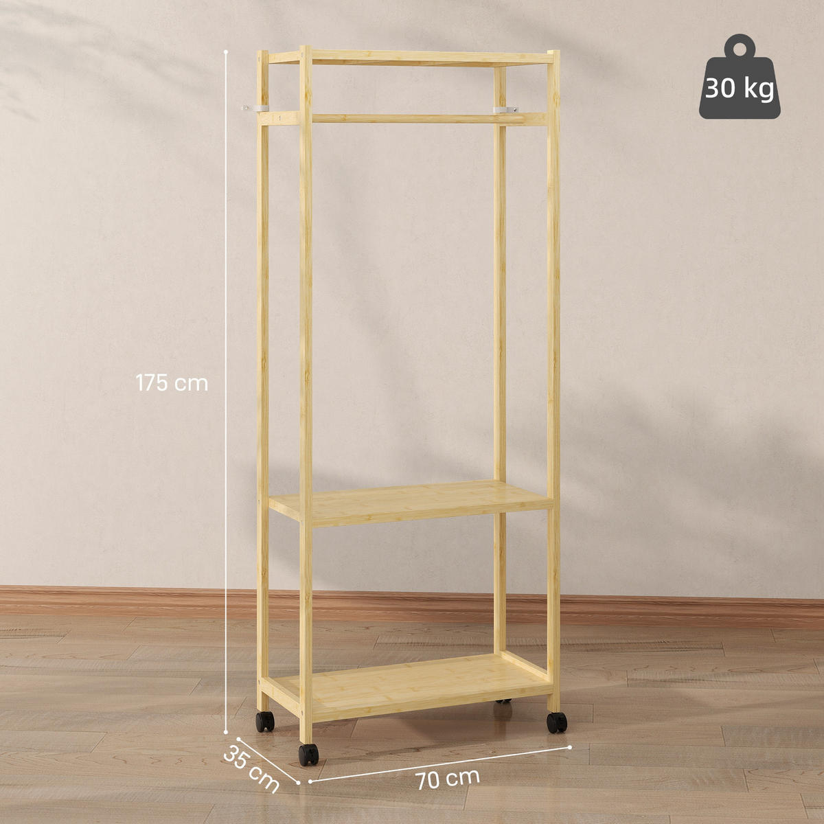 KLEIDERSTÄNDER aus Bambus mit Rollen 70/35/175 cm Naturholzfarbe - Naturfarben, Holz (70/175/35cm)