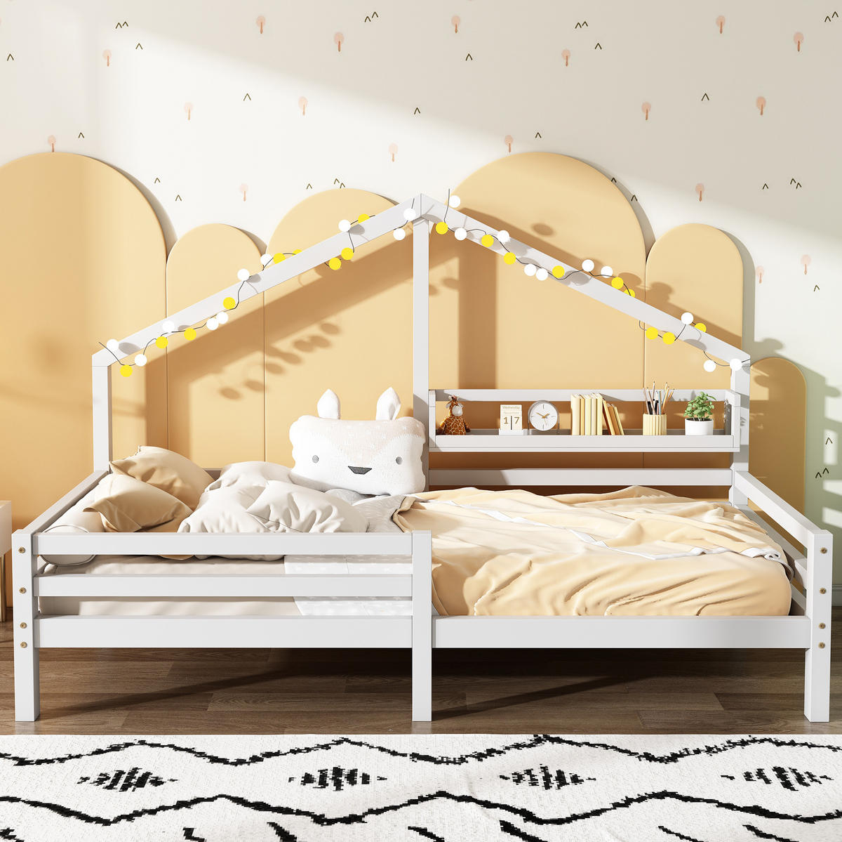 HAUSBETT 90/200 cm Weiß aus Kiefernholz mit Bücherregal - Weiß, Holzwerkstoff (90/200cm) - OKMYHOME