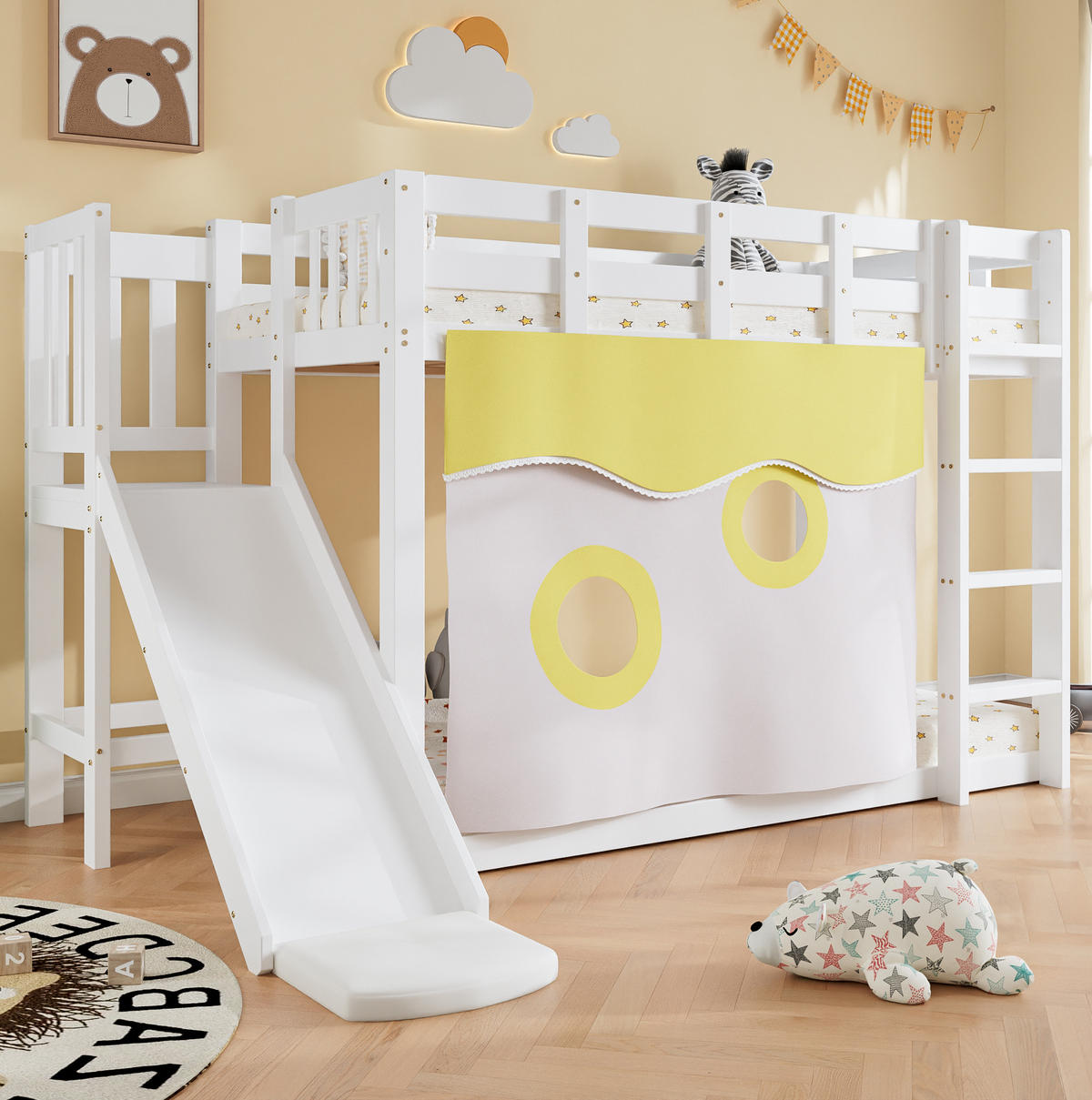 ETAGENBETT 90/200 cm Weiß mit Treppe, Rutsche und Bettvorhang - Weiß, Holzwerkstoff (90/200cm) - Flora Grace