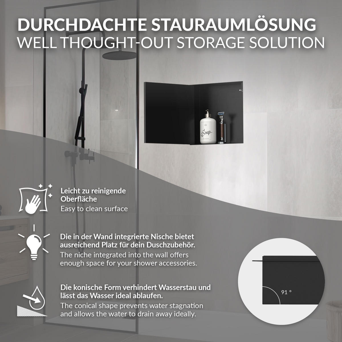 SPRCHOVÁ NIKA z nerezové oceli s obkladovými dvířky, černá, 25,5/25,5 cm - černá, kov (30/10/30cm) - LuxeBath