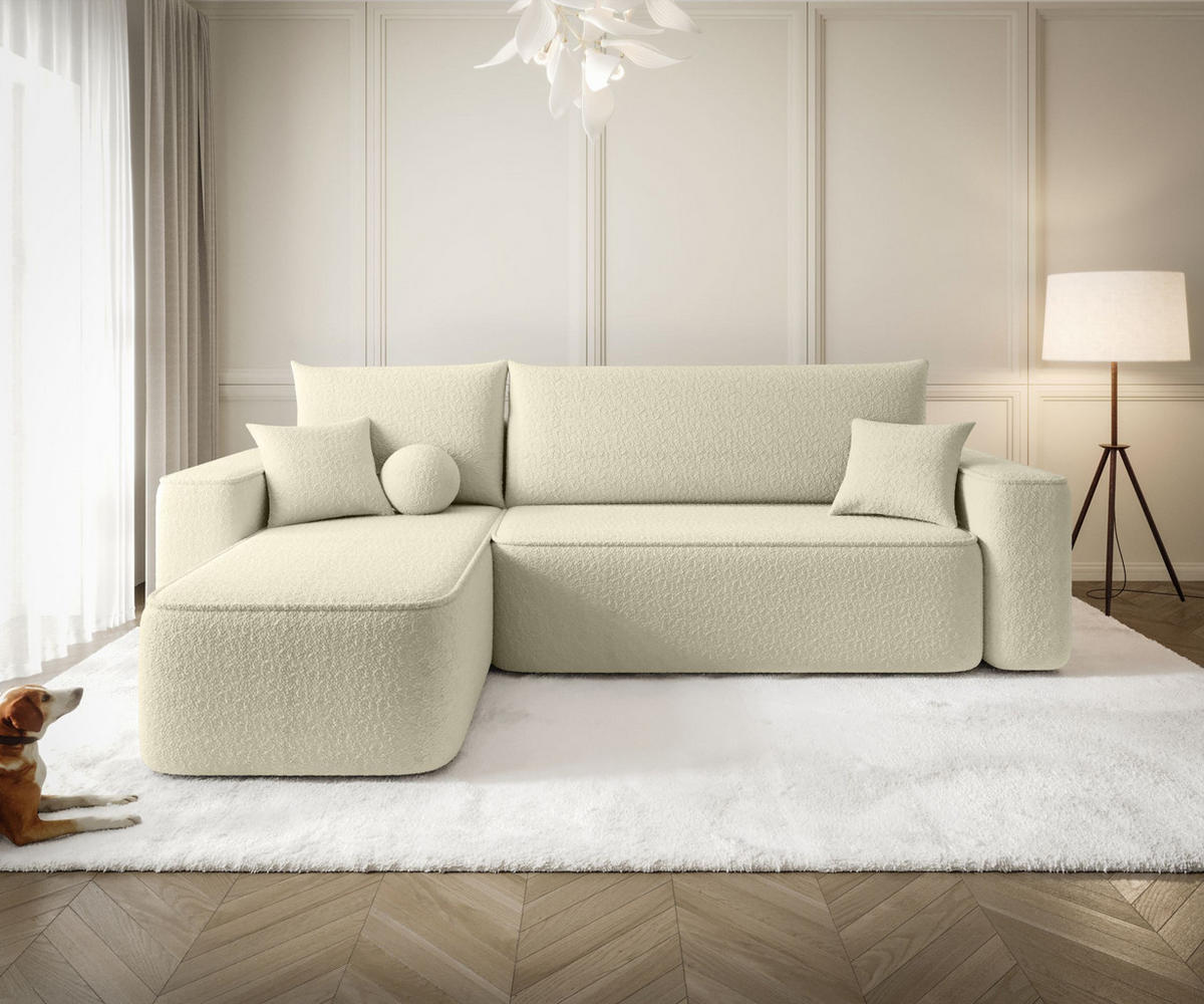 ECKSOFA TEXAS links hellbeige Bukle Quelle 2 - Schlaffunktion, Bettkasten - Creme, Textil (250/150cm) - Cornero