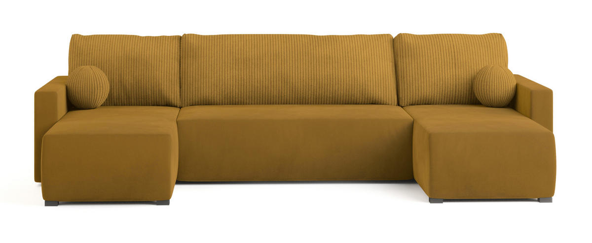 WOHNLANDSCHAFT TESSUN Gelb Plüsch-Stoff mit Schlaffunktion - Gelb, Holz (286/85/143cm) - MASSENO