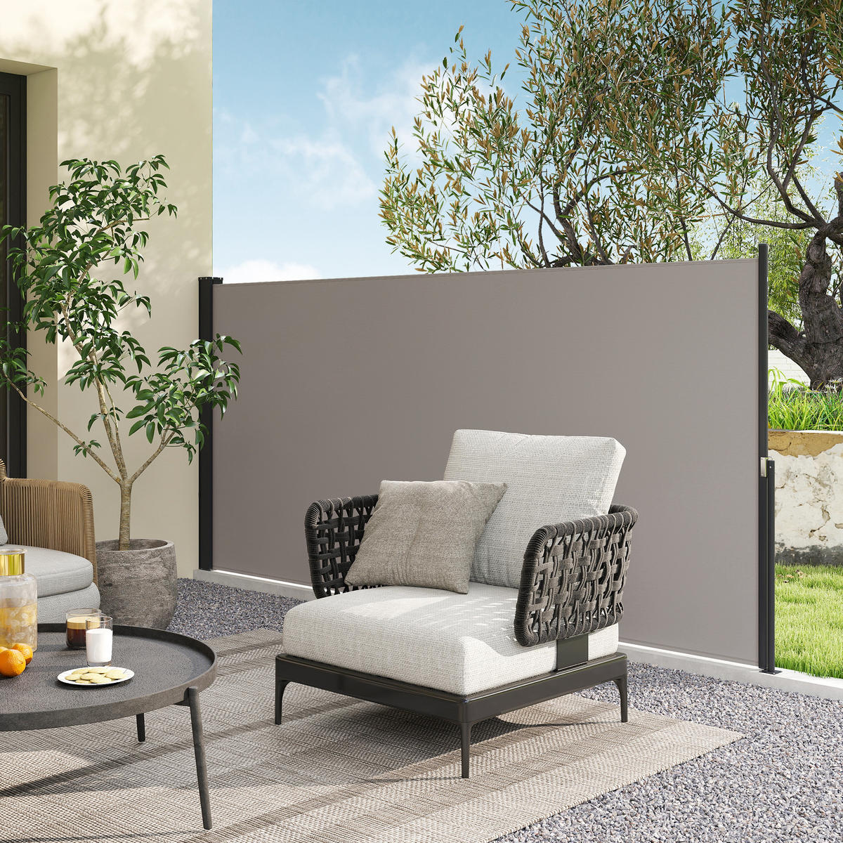 SEITENMARKISE, Hellgrau, 300L x 100H cm/300L x 140H cm, Polyesterstoff, Metall - Hellgrau, Kunststoff (3.5/140cm) - Outsunny